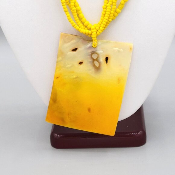 Yellow Beaded Necklace Multi Strand Rectangular Dyed Mother of Pearl Pendant - Picture 3 of 9